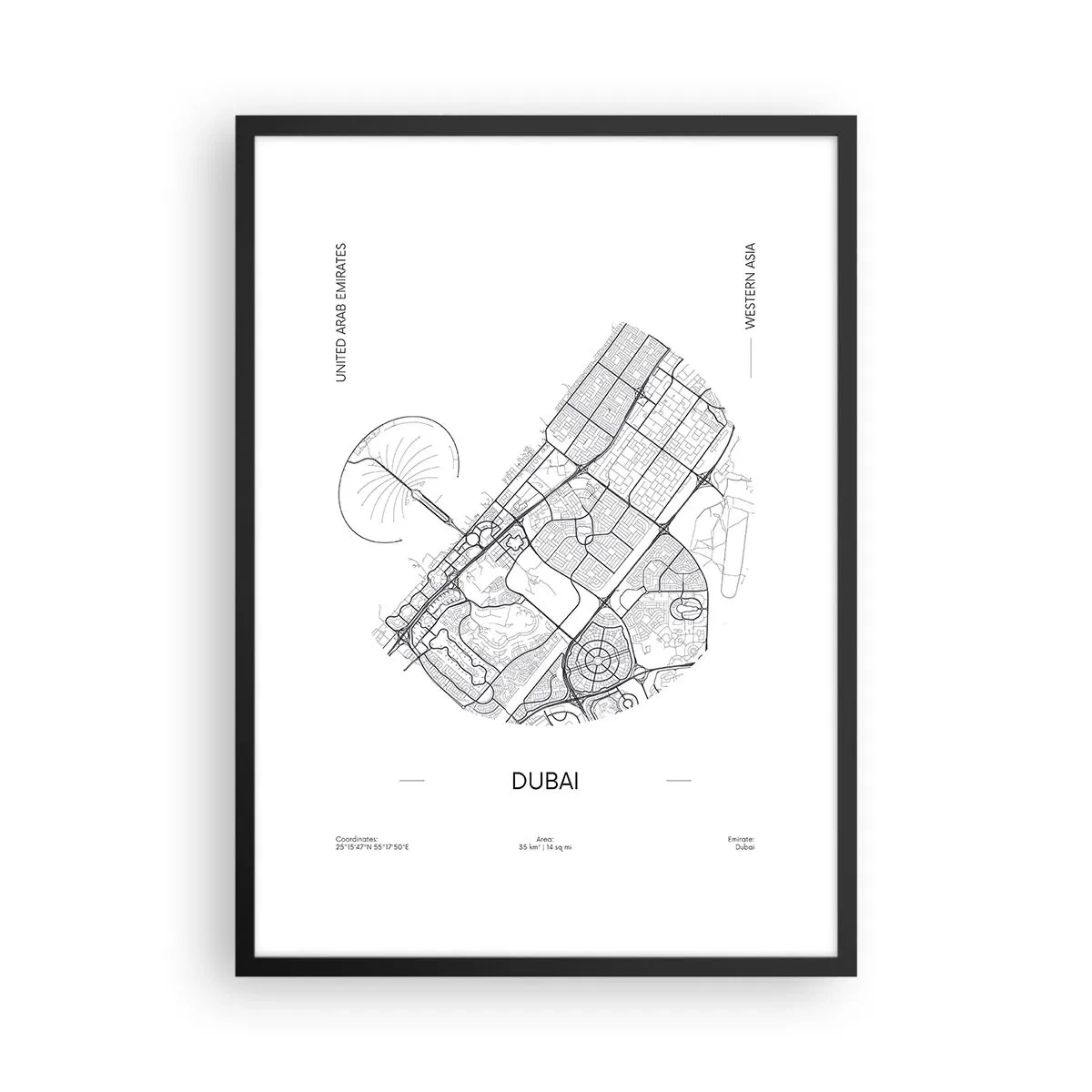 Poster in einem schwarzem Rahmen - Minimalistische Schwarz-Weiß-Karte von Dubai - 50x70cm - Anatomie von Dubai - Moderne Wanddekoration für Wohnzimmer und Schlafzimmer ARTTOR
