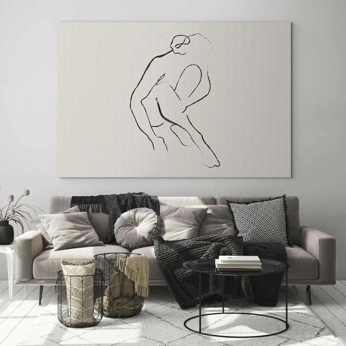 Glasbild - Bild auf glas - Eine minimalistische Skizze einer weiblichen Silhouette in sitzender Position. - 70x50cm - Intime Skizze - Moderne Wanddekoration für Wohnzimmer und Schlafzimmer ARTTOR