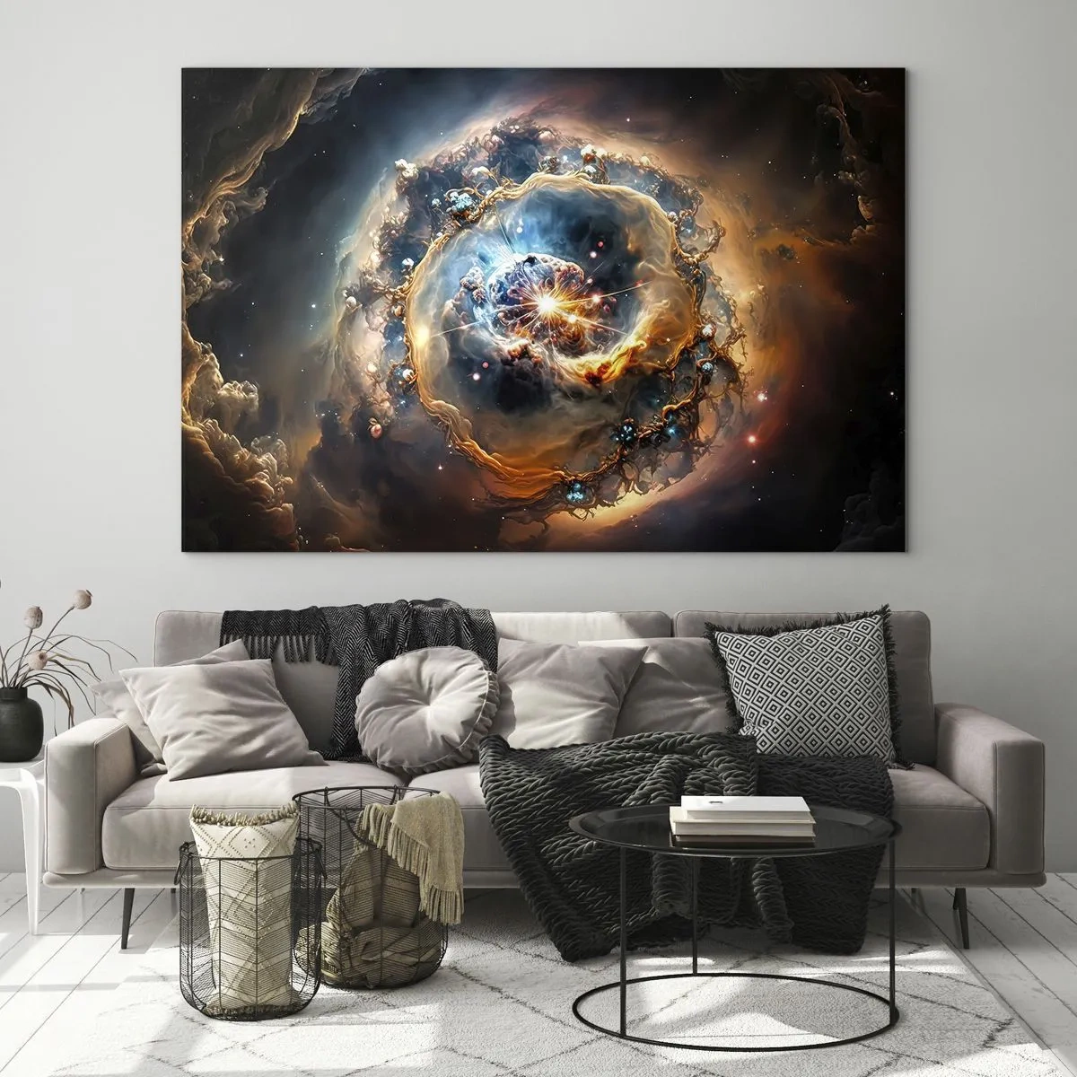 Glasbild - Bild auf glas - Eine kosmische Explosion im Zentrum eines galaktischen Wirbels - 70x50cm - Anfang - Moderne Wanddekoration für Wohnzimmer und Schlafzimmer ARTTOR