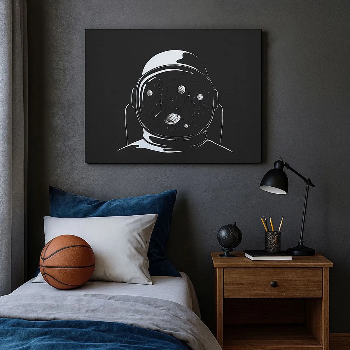 Bild auf Leinwand - Leinwandbild - Ein minimalistischer Astronautenhelm mit Blick ins Weltall - 70x50cm - Schöne Aussicht - Moderne Wanddekoration für Wohnzimmer und Schlafzimmer ARTTOR