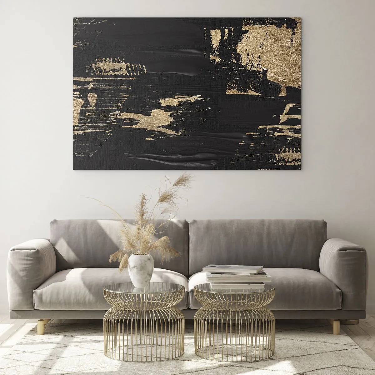 Glasbild - Bild auf glas - Schwarz-goldene Abstraktion mit pinselstrichartiger Textur - 70x50cm - Spur einer Berührung - Moderne Wanddekoration für Wohnzimmer und Schlafzimmer ARTTOR