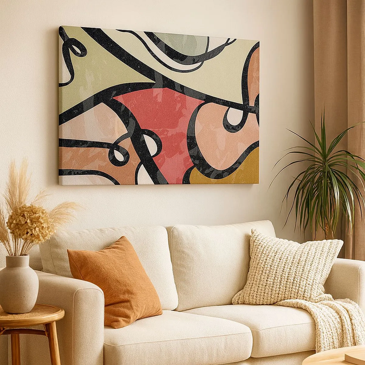 Bild auf Leinwand - Leinwandbild - Bunte abstrakte Formen mit schwarzen Linien - 70x50cm - Pirouetten unter Farben - Moderne Wanddekoration für Wohnzimmer und Schlafzimmer ARTTOR