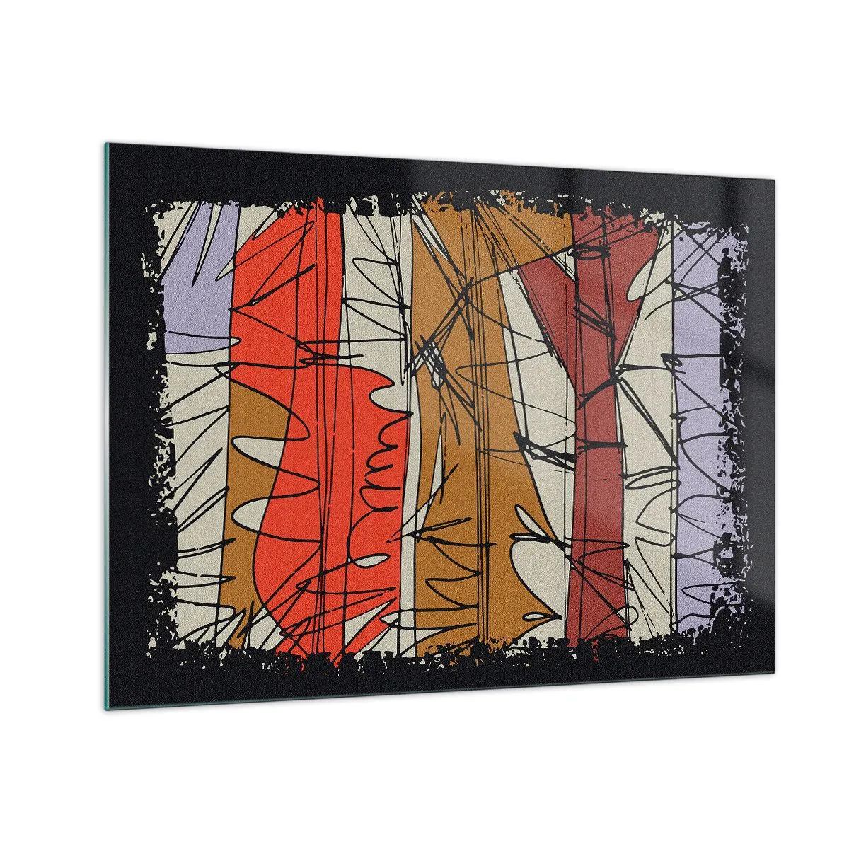 Glasbild - Bild auf glas - Grafische Abstraktion mit farbigen Streifen und schwarzen Linien - 70x50cm - Spontane Komposition - Moderne Wanddekoration für Wohnzimmer und Schlafzimmer ARTTOR