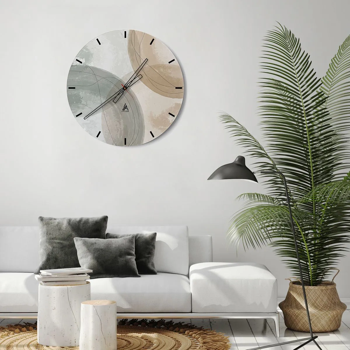 Wanduhr - Glasuhr - Abstrakte, sich durchdringende Formen in Beigetönen - 30x30cm - Welten durchdringen - Moderne Wanddekoration für Wohnzimmer, Küche und Schlafzimmer ARTTOR