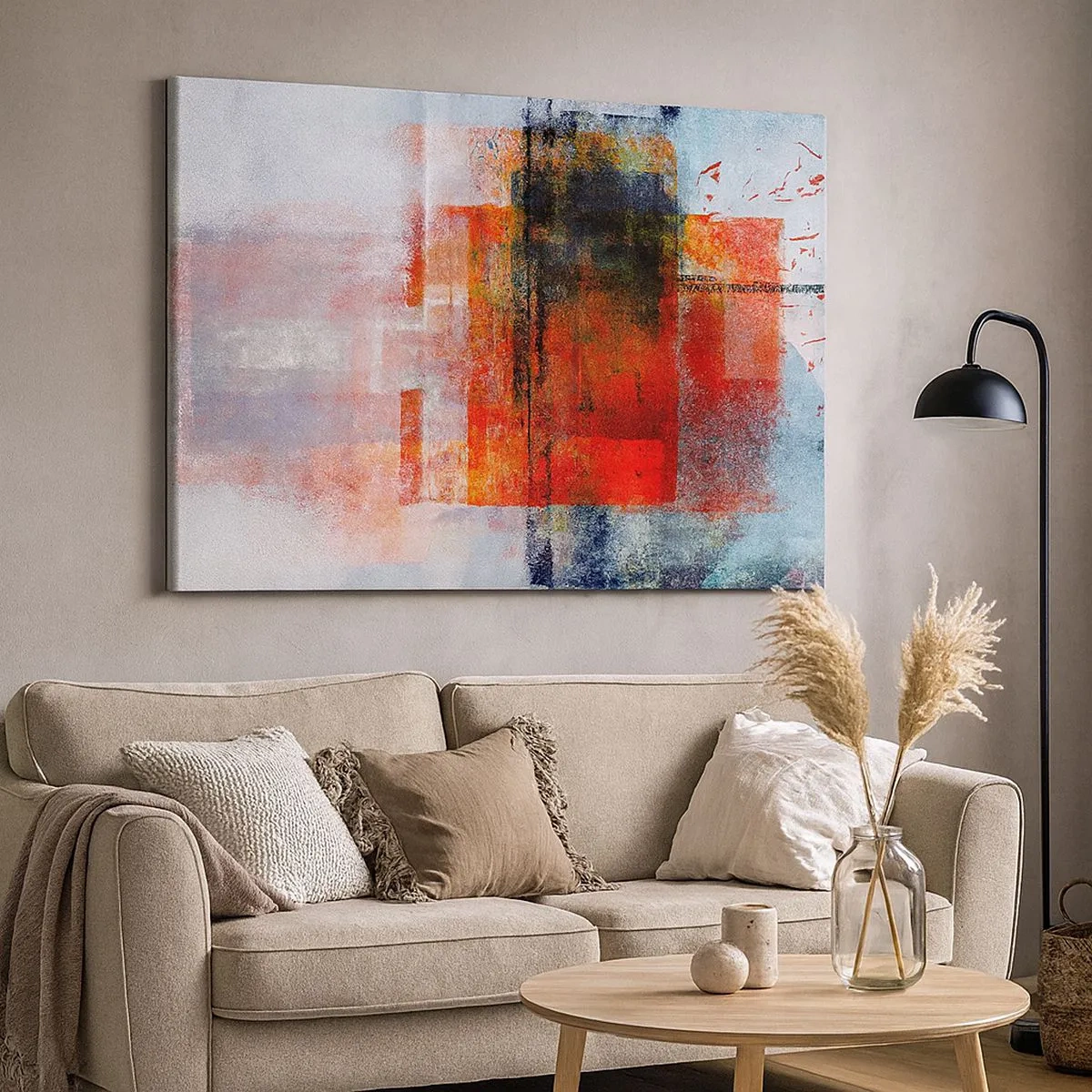 Bild auf Leinwand - Leinwandbild - Abstrakte geometrische Komposition mit roten und orangefarbenen Akzenten - 70x50cm - Komposition leuchtet - Moderne Wanddekoration für Wohnzimmer und Schlafzimmer ARTTOR