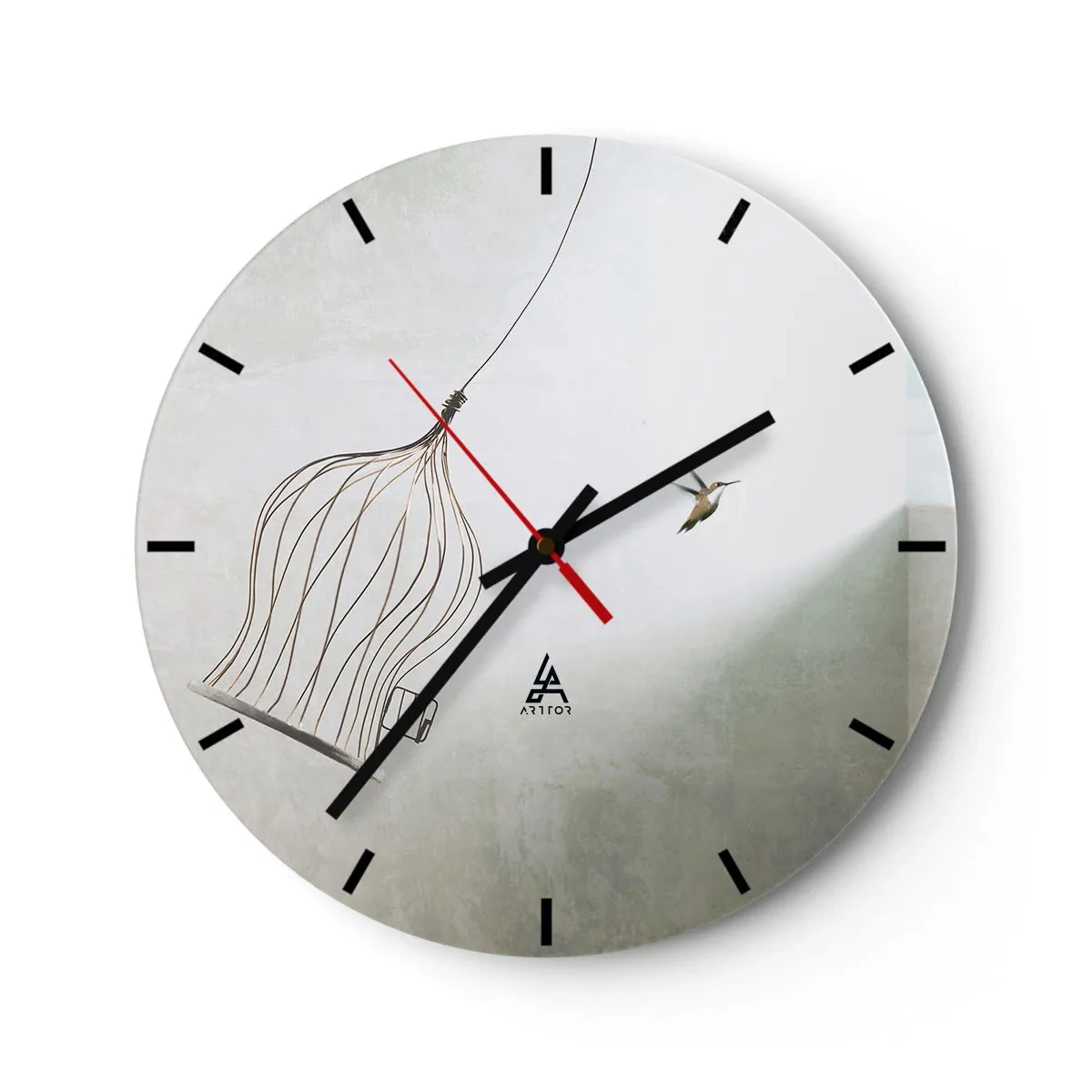 Wanduhr - Glasuhr - Ein Vogel verlässt seinen Käfig vor einem hellen Hintergrund - 30x30cm - In seinem Element - Moderne Wanddekoration für Wohnzimmer, Küche und Schlafzimmer ARTTOR