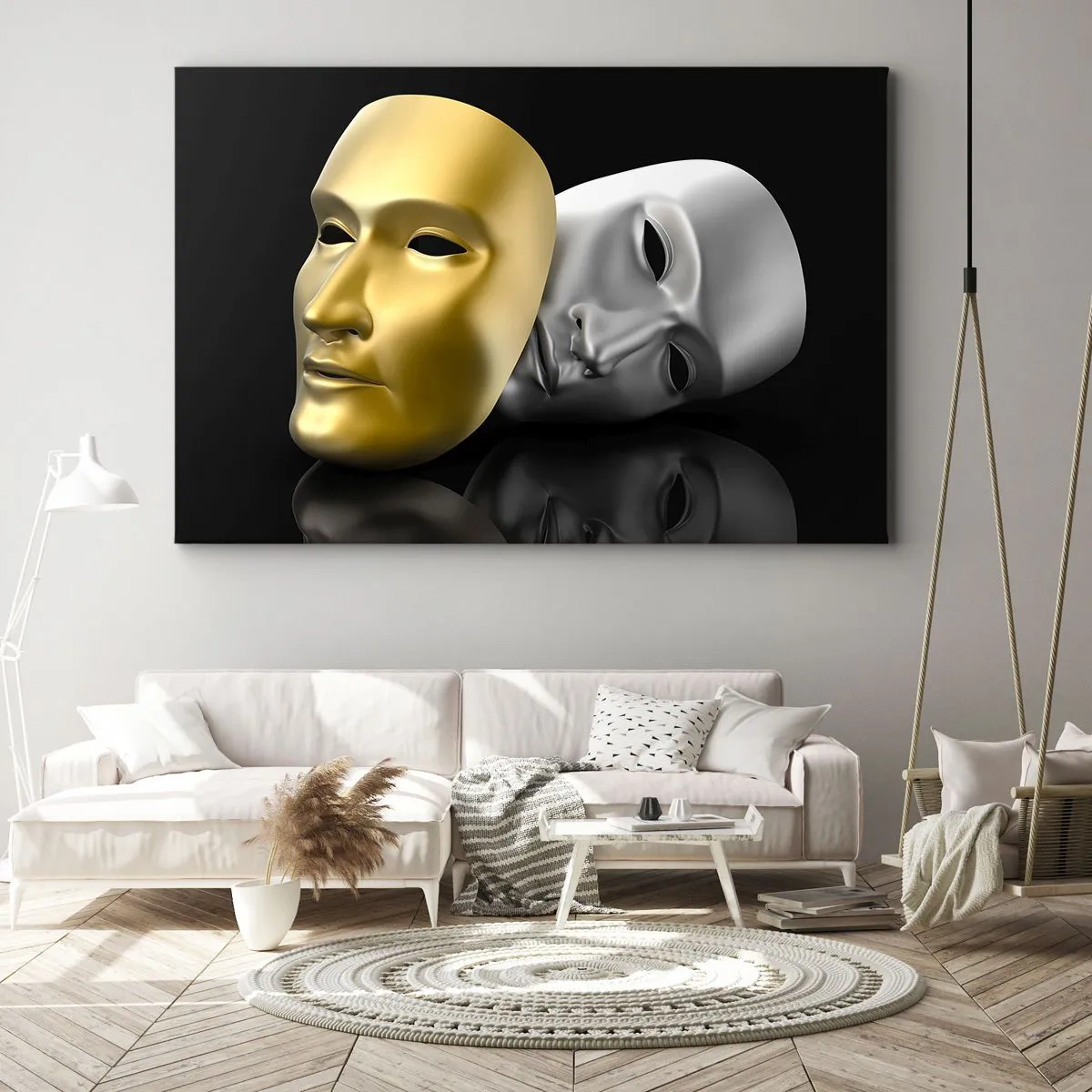 Bild auf Leinwand - Leinwandbild - Gold- und Silbermaske auf schwarzem Hintergrund - 70x50cm - Das Leben ist wie ein Theater - Moderne Wanddekoration für Wohnzimmer und Schlafzimmer ARTTOR