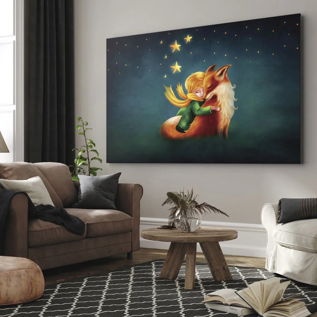 Bild auf Leinwand - Leinwandbild - Ein Junge mit einem Fuchs in einer magischen Umgebung mit Sternen - 70x50cm - Kleiner Prinz - Moderne Wanddekoration für Wohnzimmer und Schlafzimmer ARTTOR