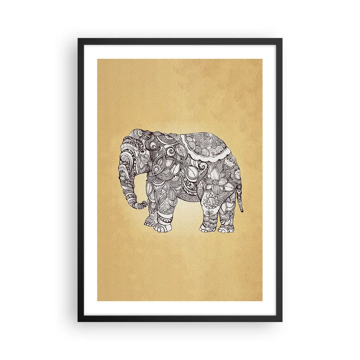 Poster in einem schwarzem Rahmen - Dekorative Darstellung eines Elefanten mit aufwendigen Ornamenten auf goldenem Hintergrund - 50x70cm - Elefant verhüllte sich - Moderne Wanddekoration für Wohnzimmer und Schlafzimmer ARTTOR