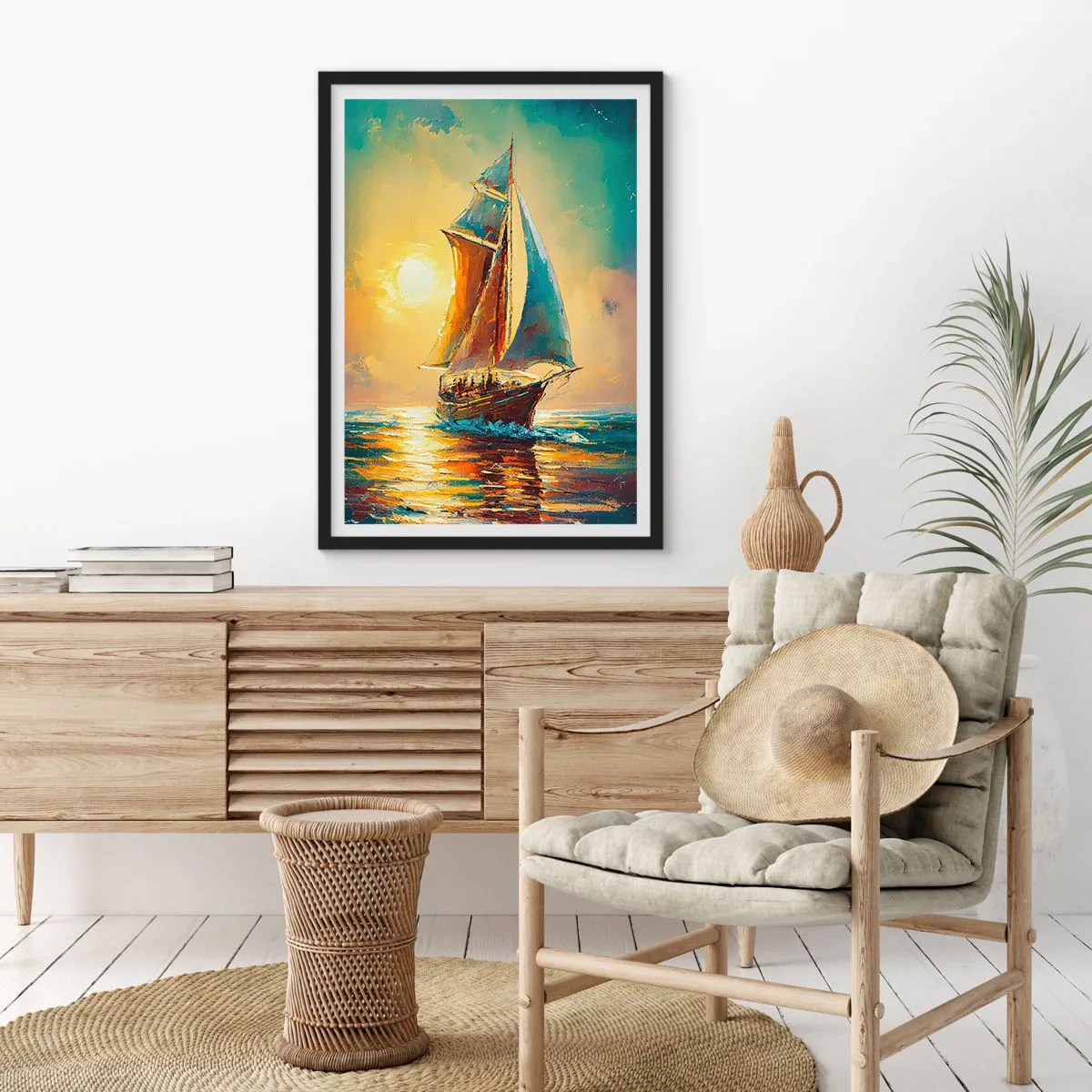 Poster in einem schwarzem Rahmen - Ein Segelschiff vor der Kulisse eines goldenen Sonnenuntergangs - 50x70cm - Unter vollem Segel - Moderne Wanddekoration für Wohnzimmer und Schlafzimmer ARTTOR