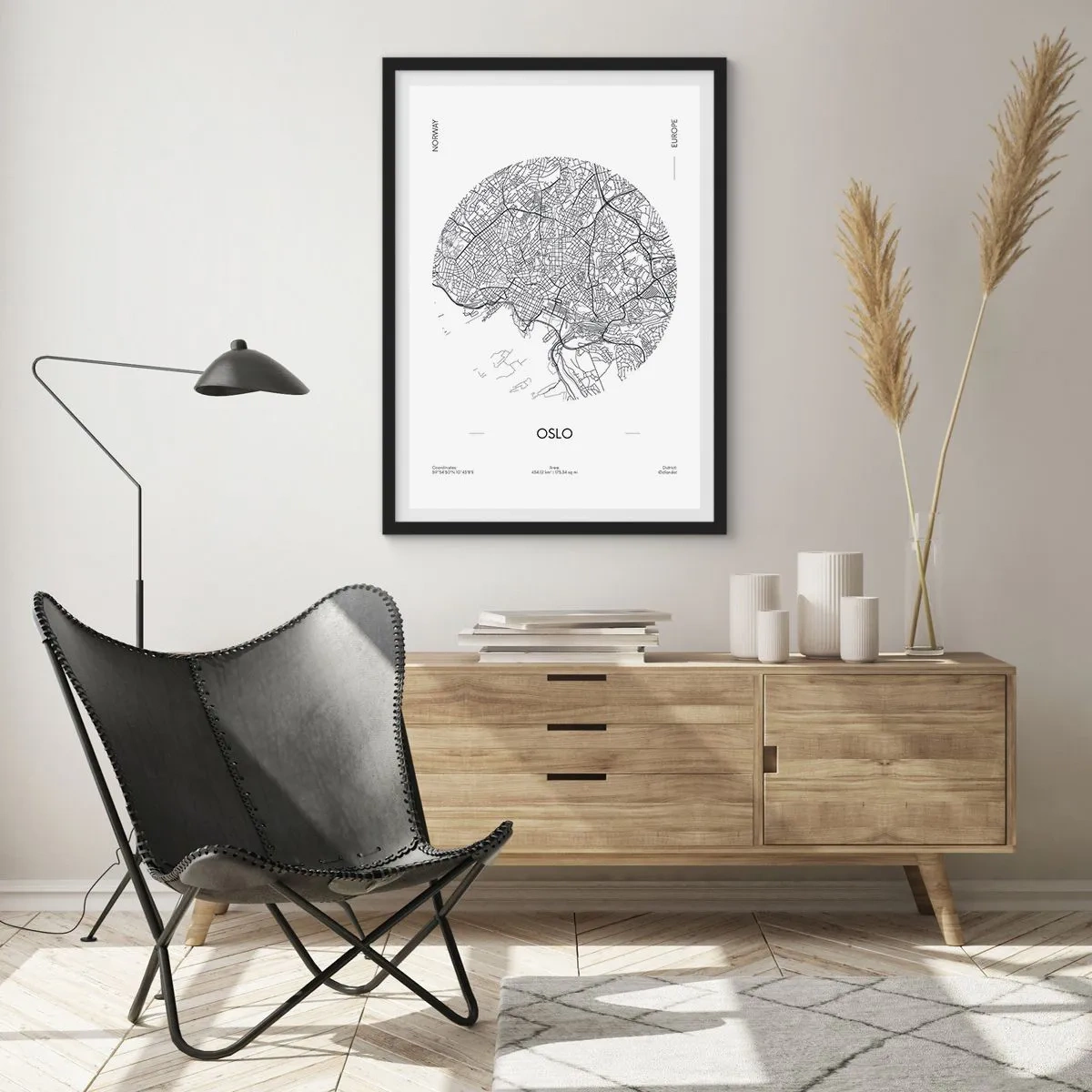 Poster in einem schwarzem Rahmen - Eine minimalistische Schwarz-Weiß-Karte von Oslo - 50x70cm - Anatomie von Oslo - Moderne Wanddekoration für Wohnzimmer und Schlafzimmer ARTTOR