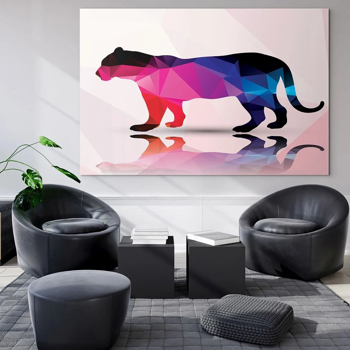 Glasbild - Bild auf glas - Geometrischer Panther in farbenfroher Abstraktion - 70x50cm - Diment Panther - Moderne Wanddekoration für Wohnzimmer und Schlafzimmer ARTTOR
