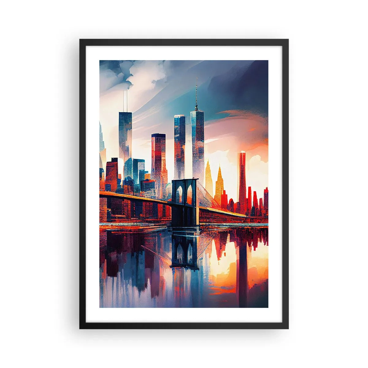 Poster in einem schwarzem Rahmen - Panorama der Stadt mit einer Brücke und Spiegelung im Wasser - 50x70cm - Traumhaftes New York - Moderne Wanddekoration für Wohnzimmer und Schlafzimmer ARTTOR