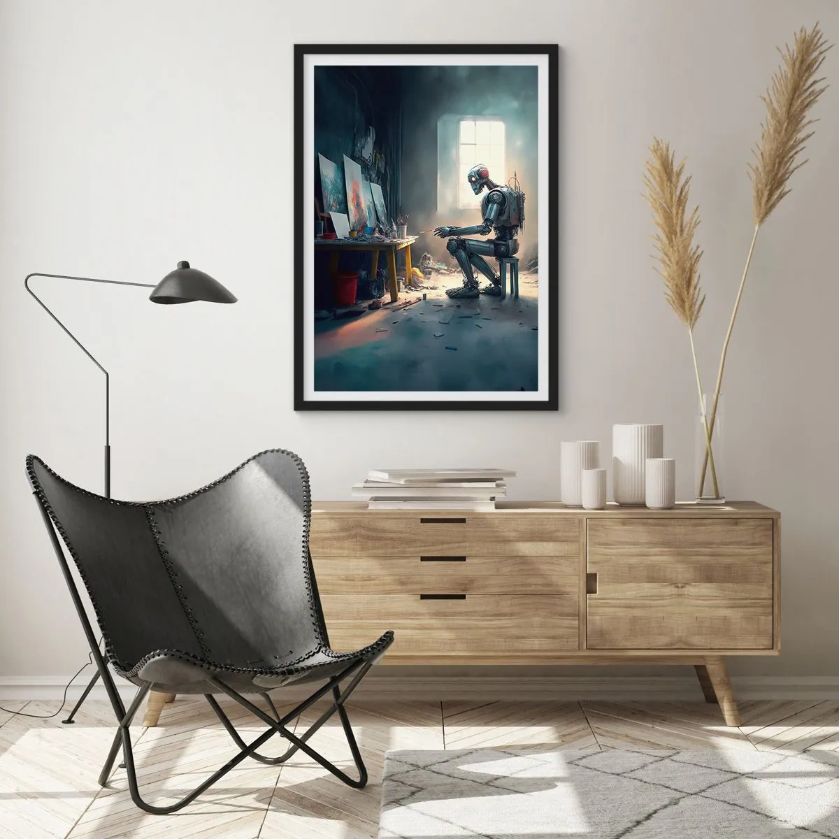 Poster in einem schwarzem Rahmen - Roboterkünstler malt Bilder in seinem Atelier - 50x70cm - Schöpfungsakt - Moderne Wanddekoration für Wohnzimmer und Schlafzimmer ARTTOR
