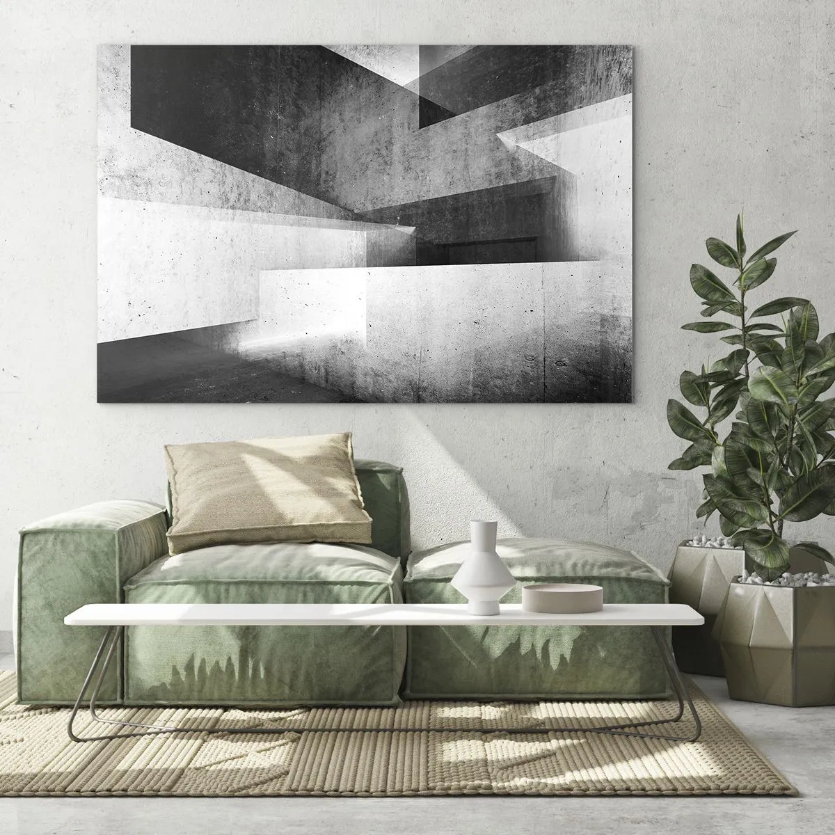 Glasbild - Bild auf glas - Geometrische Betonformen in Schwarz-Weiß-Tönen - 70x50cm - Die Raumstruktur - Moderne Wanddekoration für Wohnzimmer und Schlafzimmer ARTTOR