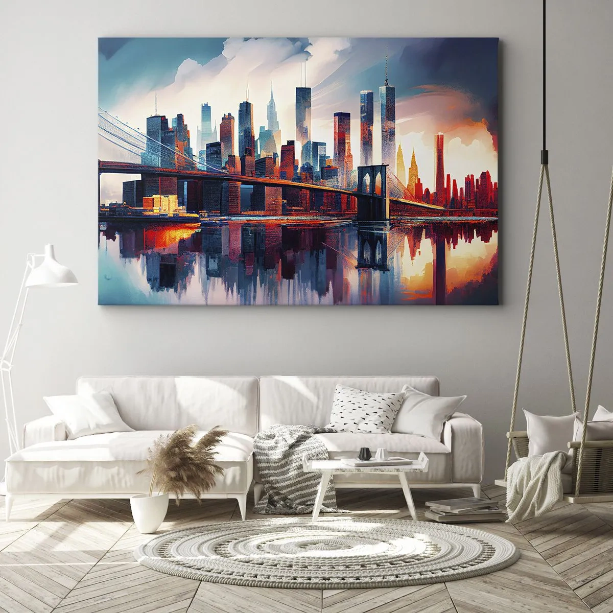 Bild auf Leinwand - Leinwandbild - New York City Panorama mit Brücke und Spiegelung im Wasser - 70x50cm - Traumhaftes New York - Moderne Wanddekoration für Wohnzimmer und Schlafzimmer ARTTOR