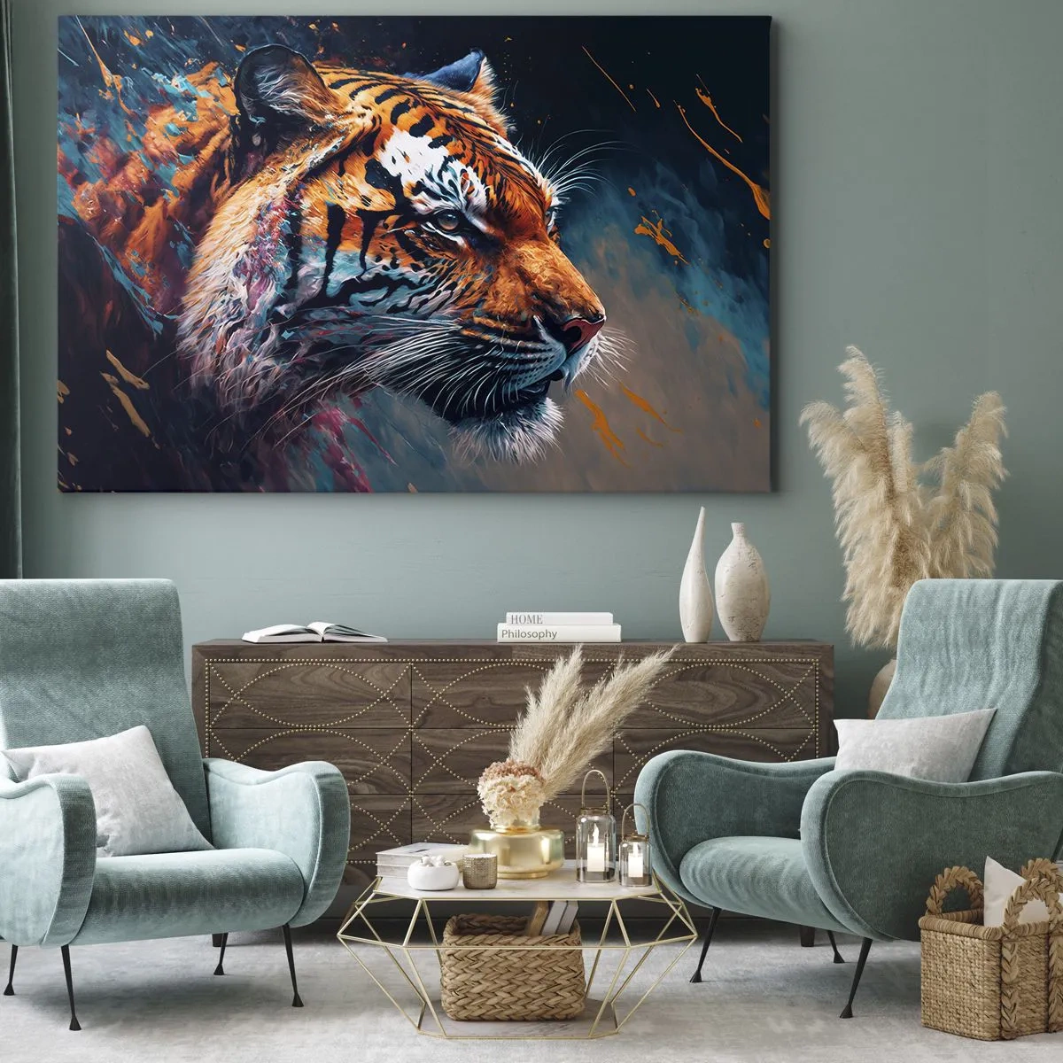 Bild auf Leinwand - Leinwandbild - Portrait eines Tigers in dynamischen, abstrakten Farben - 70x50cm - Wilde Schönheit - Moderne Wanddekoration für Wohnzimmer und Schlafzimmer ARTTOR