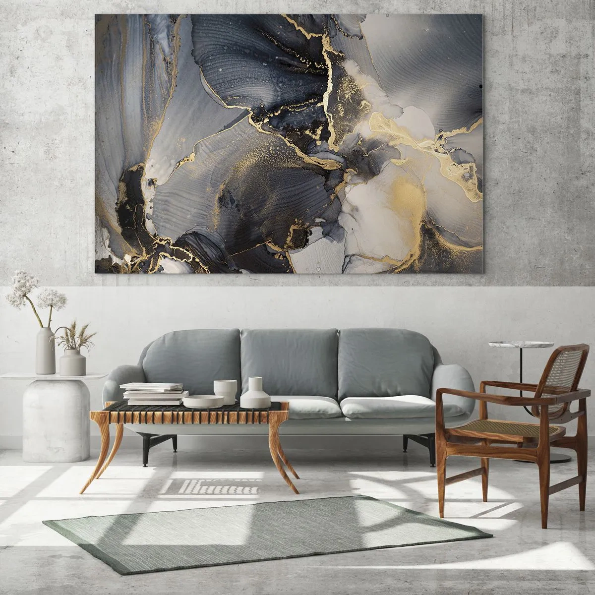 Glasbild - Bild auf glas - Dunkle Abstraktion mit Marmoreffekt und goldenen Adern - 70x50cm - Leben aus Stein - Moderne Wanddekoration für Wohnzimmer und Schlafzimmer ARTTOR