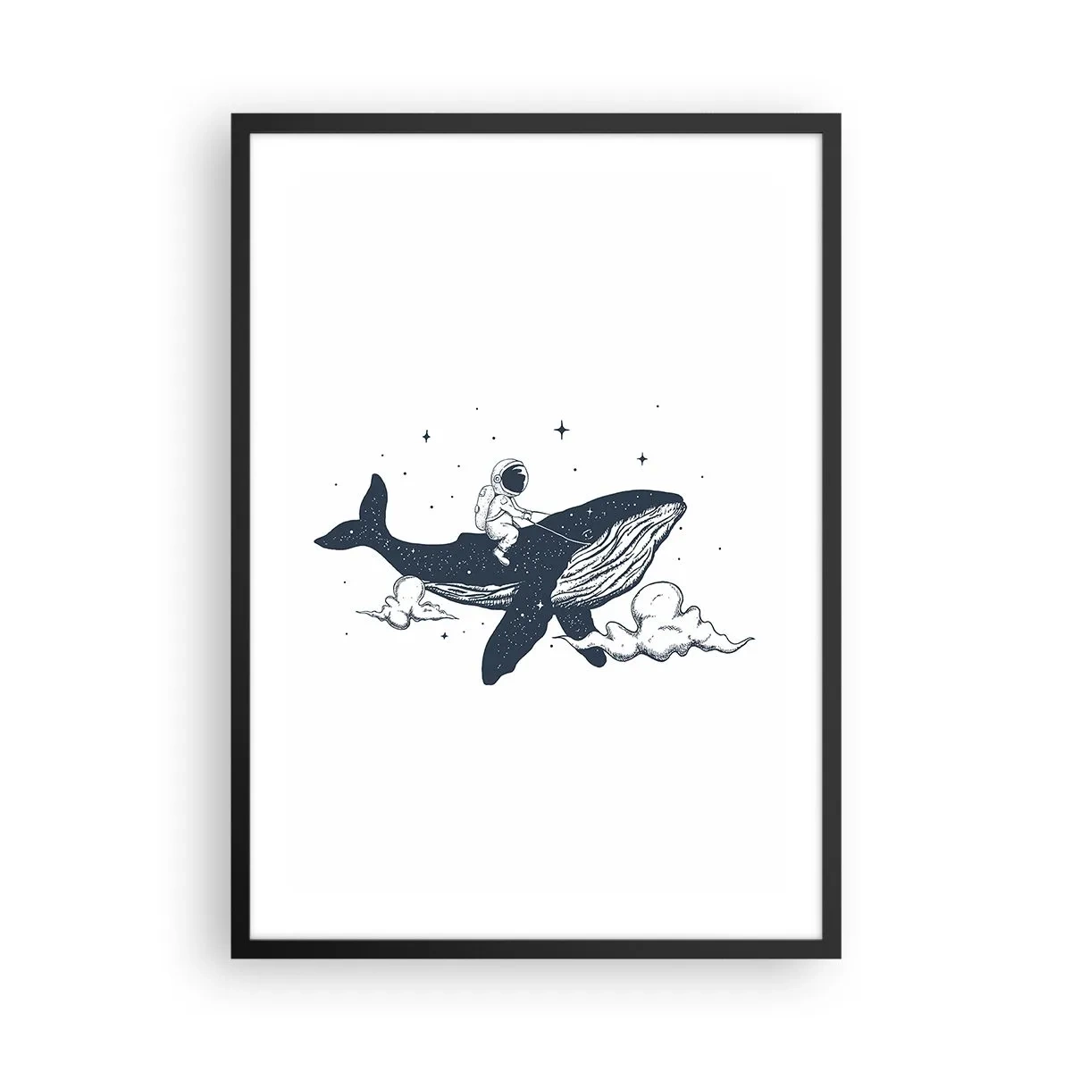 Poster in einem schwarzem Rahmen - Eine farbenfrohe Illustration einer Weltraumrakete, die zwischen den Sternen fliegt. - 50x70cm - Weltraumabenteuer - Moderne Wanddekoration für Wohnzimmer und Schlafzimmer ARTTOR