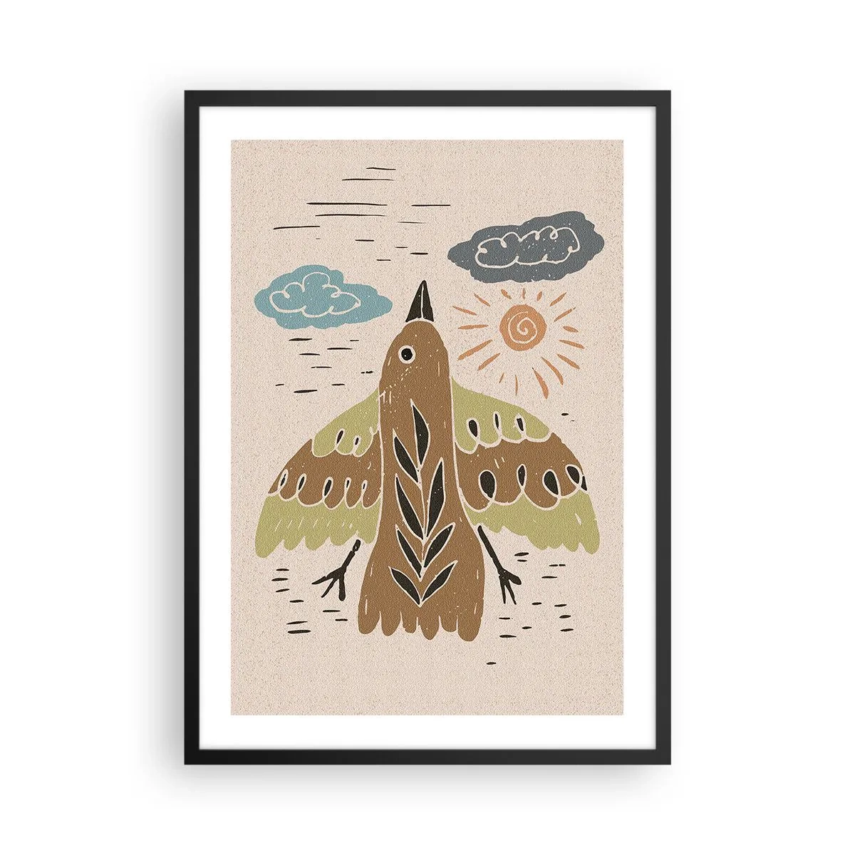 Poster in einem schwarzem Rahmen - Eine farbenfrohe Illustration eines Vogels im Flug, mit Wolken und der Sonne im Hintergrund. - 50x70cm - Guten Flug - Moderne Wanddekoration für Wohnzimmer und Schlafzimmer ARTTOR