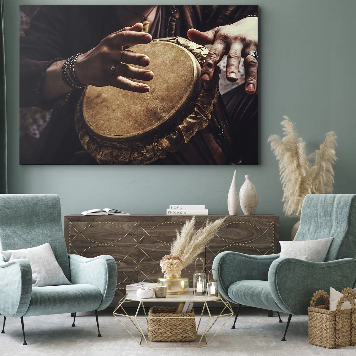 Bild auf Leinwand - Leinwandbild - Hände spielen eine traditionelle Djembe-Trommel - 70x50cm - Im Rhythmus des Herzens - Moderne Wanddekoration für Wohnzimmer und Schlafzimmer ARTTOR
