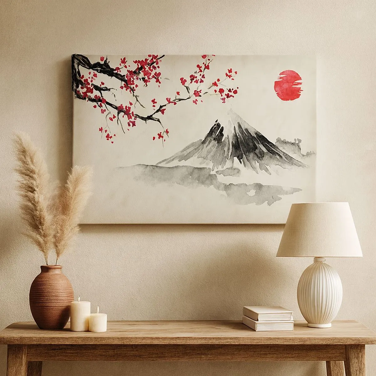 Bild auf Leinwand - Leinwandbild - Eine malerische Landschaft mit einem Berg, Kirschblüten und Sonnenschein - 70x50cm - Liebe Japan - Moderne Wanddekoration für Wohnzimmer und Schlafzimmer ARTTOR