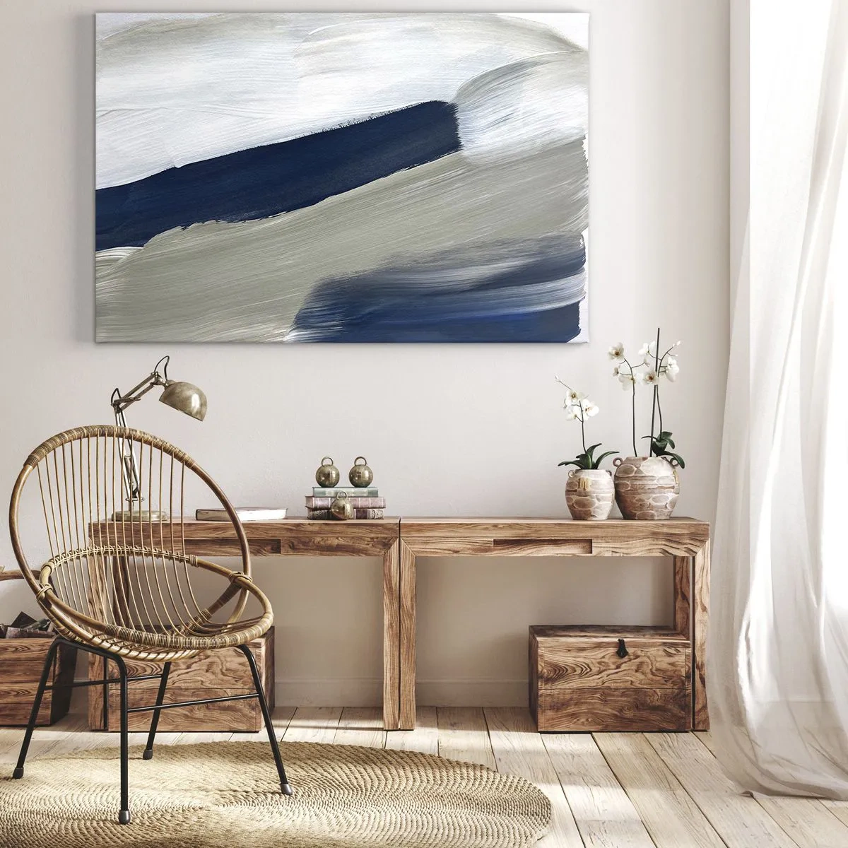 Bild auf Leinwand - Leinwandbild - Abstrakte Pinselstriche in Blau- und Grautönen - 70x50cm - Begegnung mit dem Weißsein - Moderne Wanddekoration für Wohnzimmer und Schlafzimmer ARTTOR