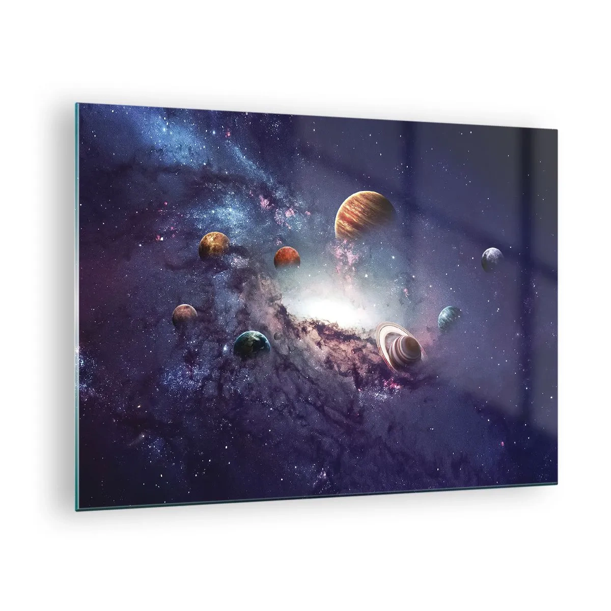 Glasbild - Bild auf glas - Eine phantasievolle Vision von Planeten, die im Weltraum kreisen - 70x50cm - Solar-Tanz-System - Moderne Wanddekoration für Wohnzimmer und Schlafzimmer ARTTOR