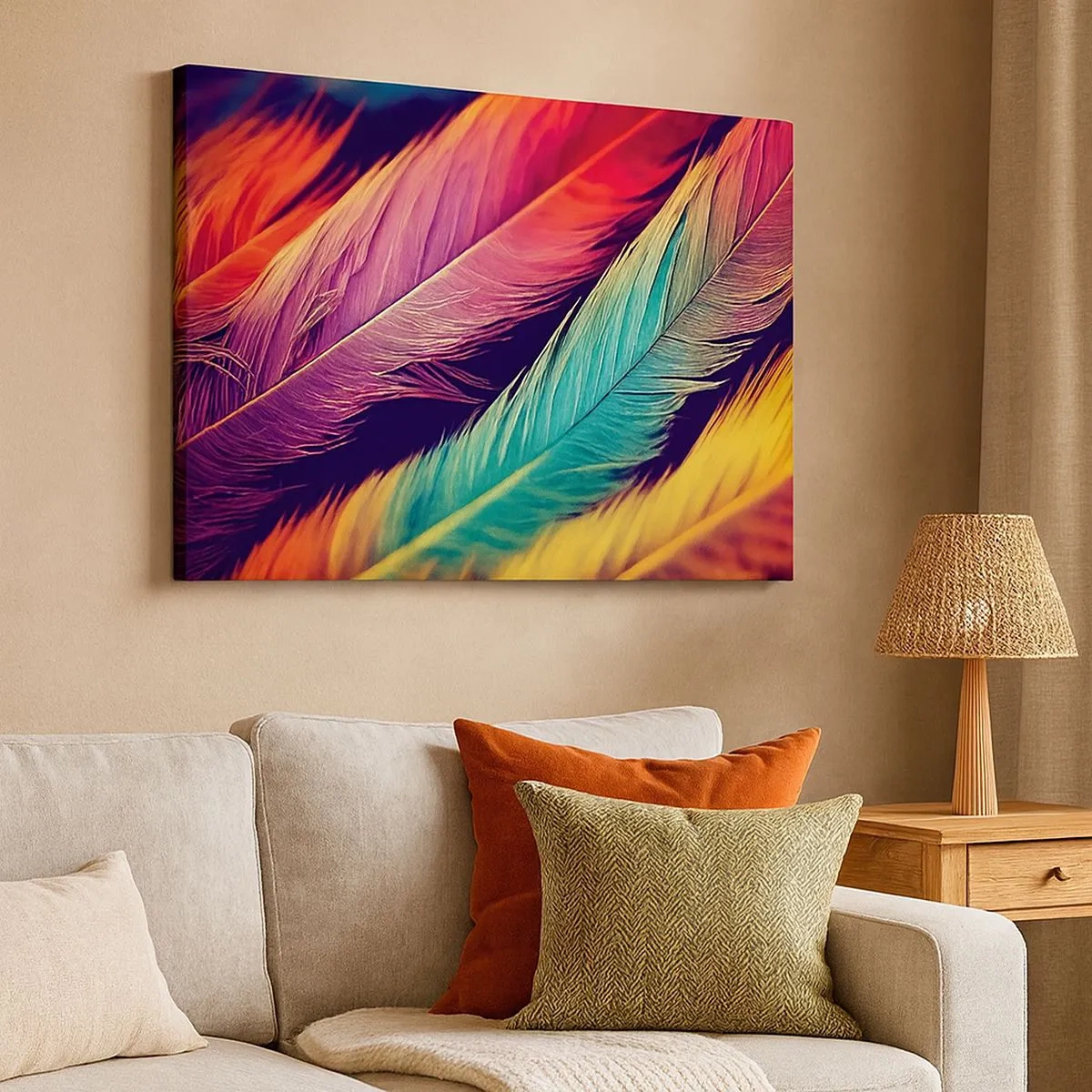 Bild auf Leinwand - Leinwandbild - Bunte Federn in intensiven Farben - 70x50cm - Gefiederter Regenbogen - Moderne Wanddekoration für Wohnzimmer und Schlafzimmer ARTTOR