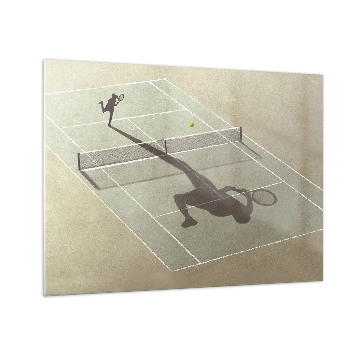 Glasbild - Bild auf glas - Die Figur eines Tennisspielers und sein Schatten auf dem Platz während eines Aufschlags - 70x50cm - Überwinde dich selbst - Moderne Wanddekoration für Wohnzimmer und Schlafzimmer ARTTOR