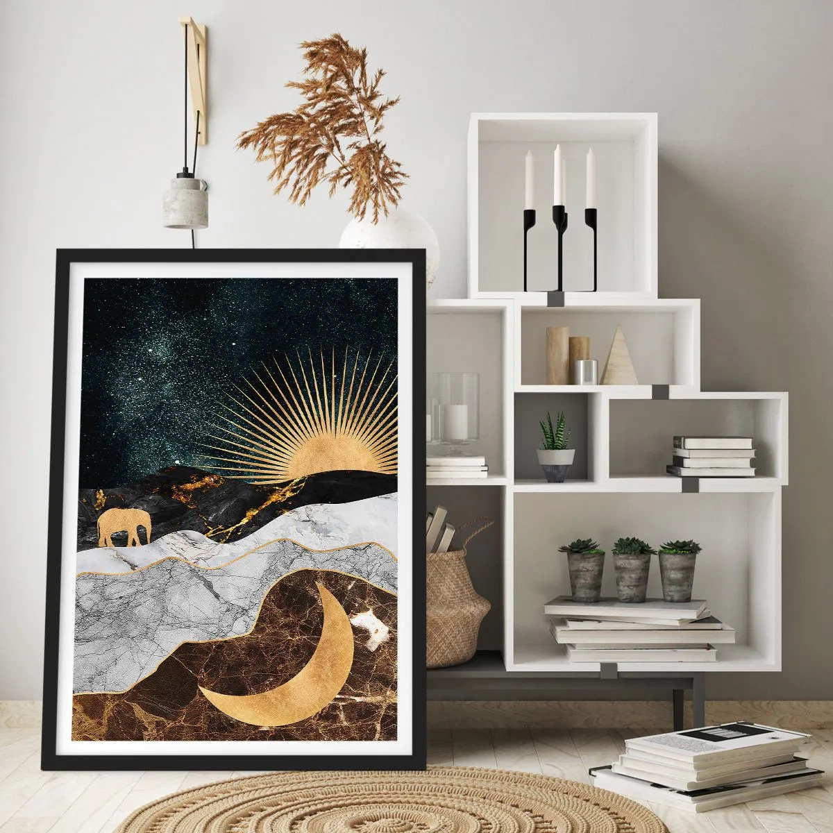 Poster in einem schwarzem Rahmen - Goldene Landschaft mit Mond, Sonne und der Silhouette eines Elefanten - 50x70cm - Ewige Gesetze - Moderne Wanddekoration für Wohnzimmer und Schlafzimmer ARTTOR
