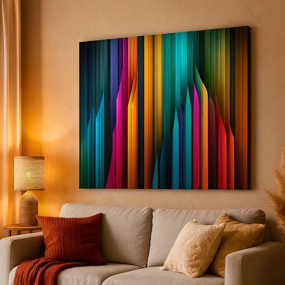 Bild auf Leinwand - Leinwandbild - Bunte vertikale Linien erzeugen eine dynamische Abstraktion. - 70x50cm - Lichtorgan - Moderne Wanddekoration für Wohnzimmer und Schlafzimmer ARTTOR