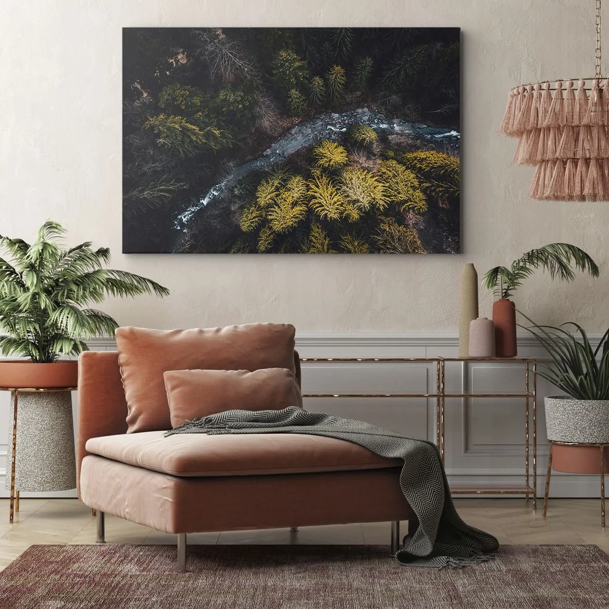 Bild auf Leinwand - Leinwandbild - Ein Blick von oben auf einen Wald mit einem gewundenen Fluss - 70x50cm - Schnell und immer schneller - Moderne Wanddekoration für Wohnzimmer und Schlafzimmer ARTTOR