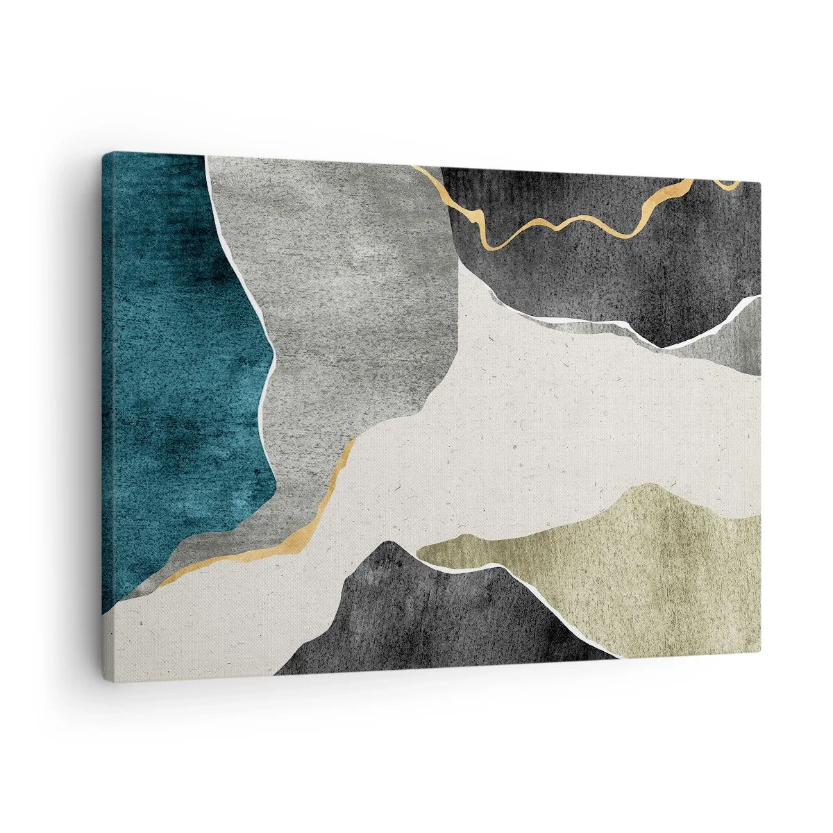 Bild auf Leinwand - Leinwandbild - Geometrische Formen in Grau-, Grün- und Goldtönen - 70x50cm - Mosaikkomposition mit Goldfaden - Moderne Wanddekoration für Wohnzimmer und Schlafzimmer ARTTOR