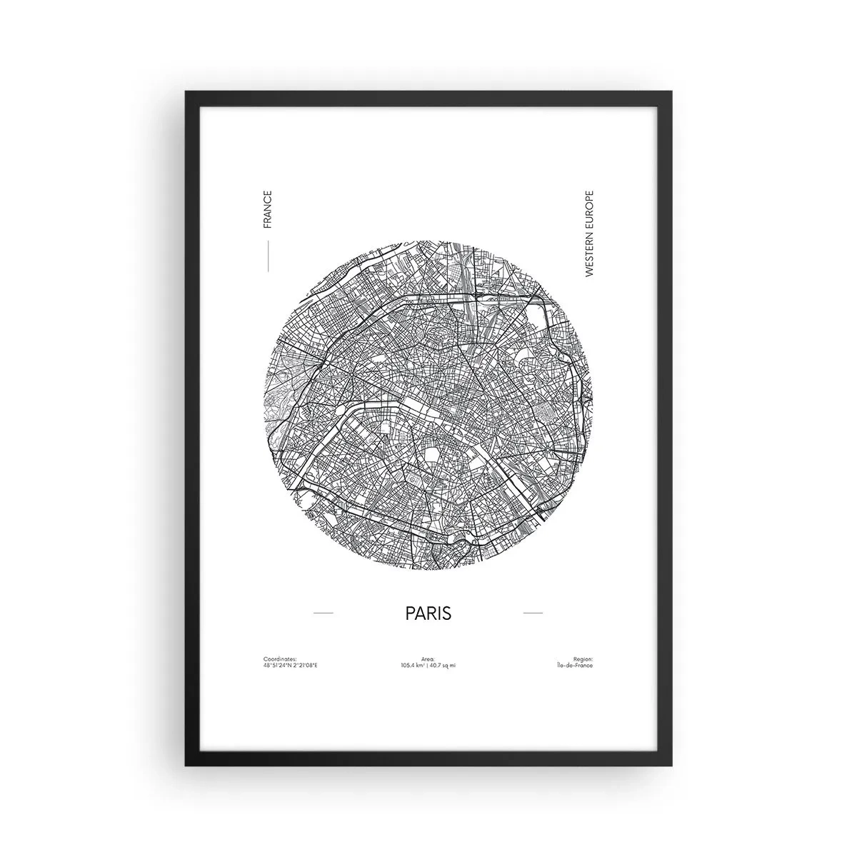 Poster in einem schwarzem Rahmen - Minimalistische Karte von Paris in einem Kreis - 50x70cm - Anatomie von Paris - Moderne Wanddekoration für Wohnzimmer und Schlafzimmer ARTTOR