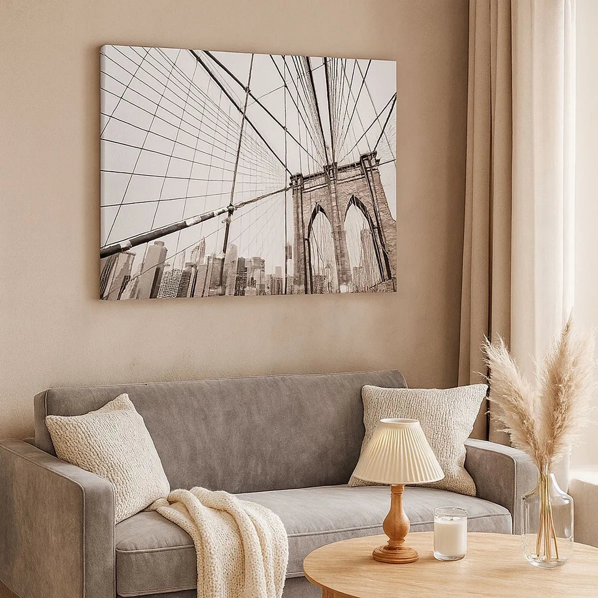 Bild auf Leinwand - Leinwandbild - Die Brooklyn Bridge in Schwarzweiß - 70x50cm - New Yorker Kathedrale - Moderne Wanddekoration für Wohnzimmer und Schlafzimmer ARTTOR