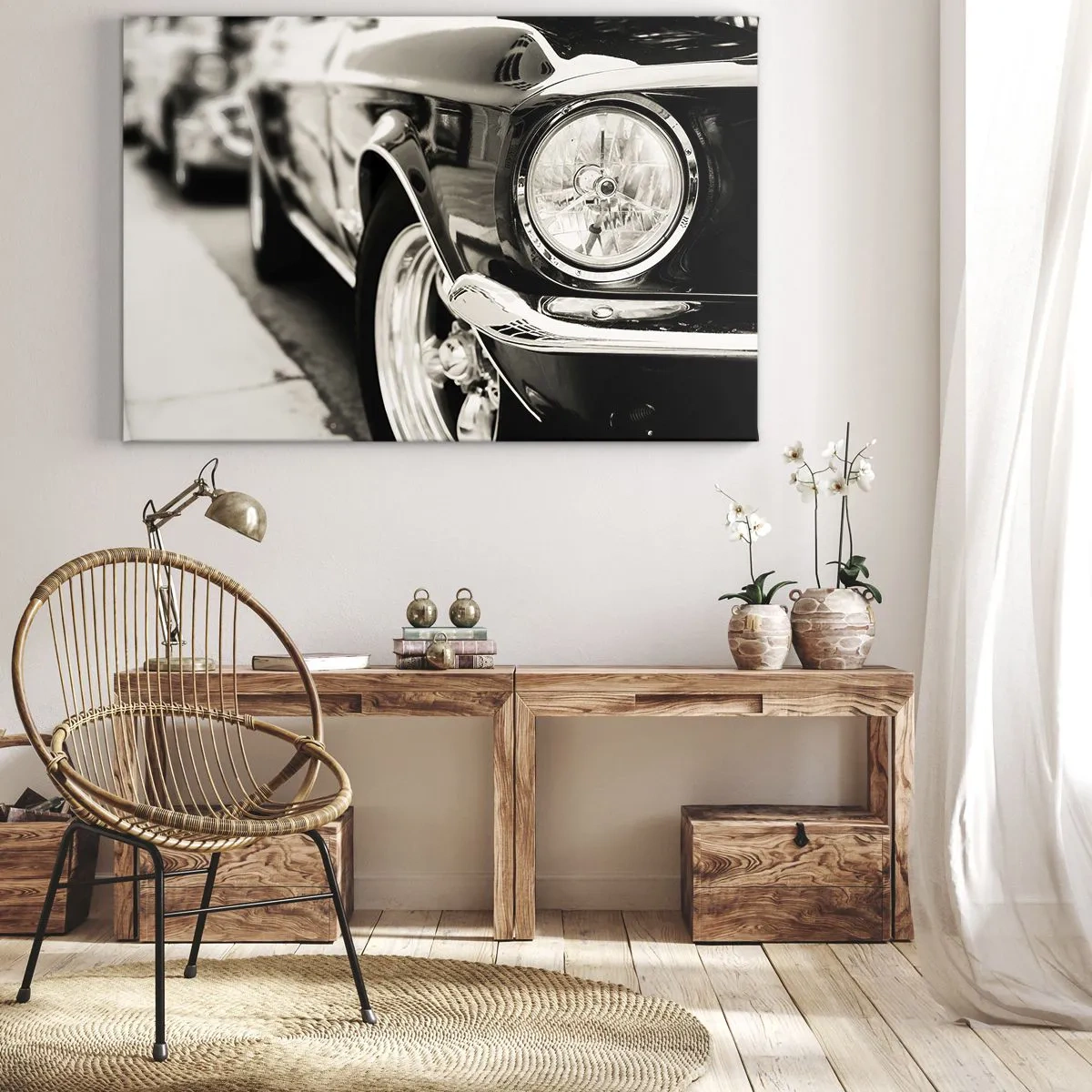 Bild auf Leinwand - Leinwandbild - Ein kultiger Oldtimer in elegantem Schwarz-Weiß - 70x50cm - Dauerhafter Glanz - Moderne Wanddekoration für Wohnzimmer und Schlafzimmer ARTTOR