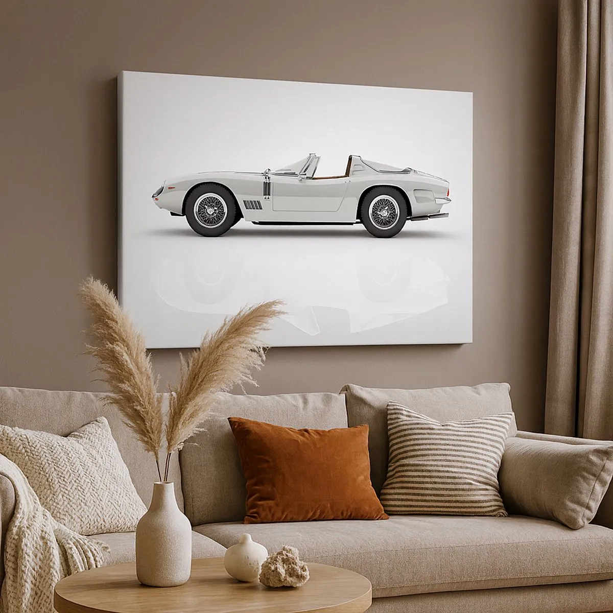 Bild auf Leinwand - Leinwandbild - Klassisches weißes Cabrio auf hellem Hintergrund - 70x50cm - Spaß versprochen - Moderne Wanddekoration für Wohnzimmer und Schlafzimmer ARTTOR