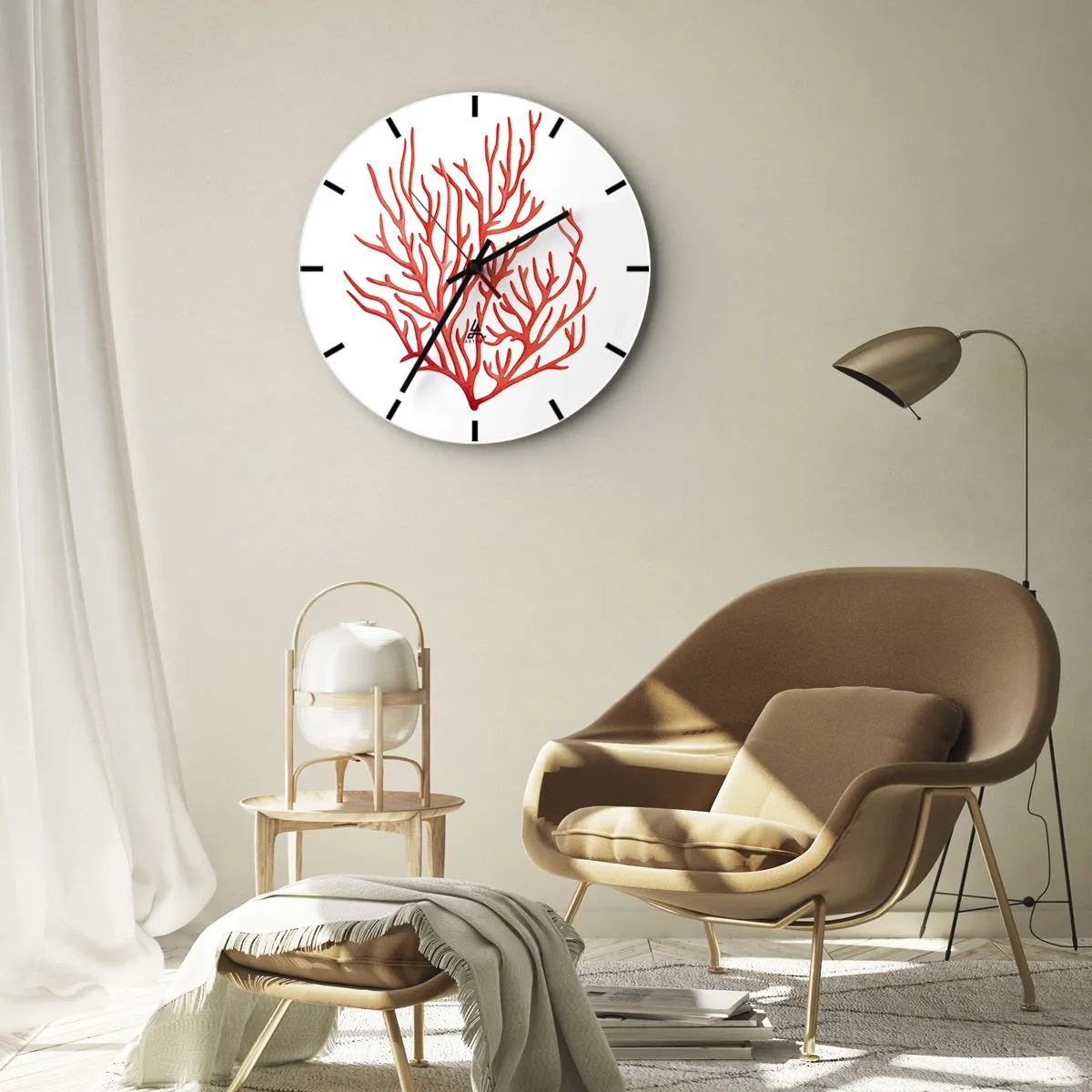 Wanduhr - Glasuhr - Rote Zeichnung von Korallen auf weißem Hintergrund - 30x30cm - Korallenfiligran - Moderne Wanddekoration für Wohnzimmer, Küche und Schlafzimmer ARTTOR