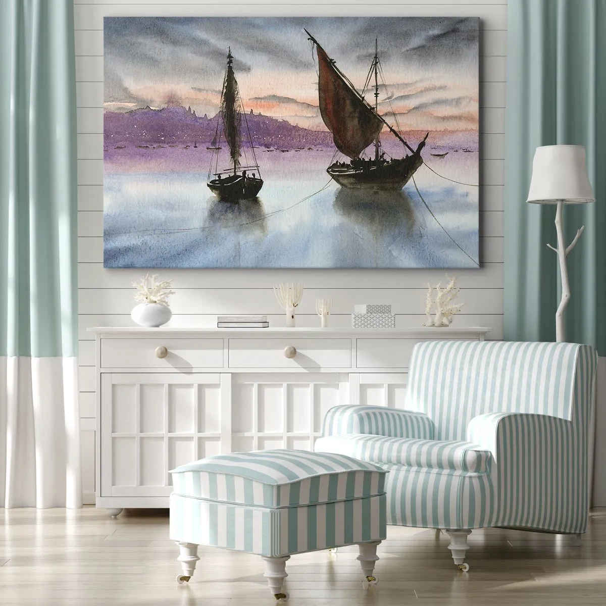 Bild auf Leinwand - Leinwandbild - Zwei Segelschiffe liegen in der Abenddämmerung auf ruhigem Wasser vor Anker - 70x50cm - Abend am Hafen - Moderne Wanddekoration für Wohnzimmer und Schlafzimmer ARTTOR