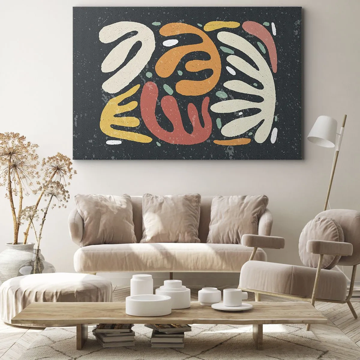 Bild auf Leinwand - Leinwandbild - Abstrakte Formen in warmen Farben auf dunklem Hintergrund - 70x50cm - Komposition – Ich erwische dich gleich - Moderne Wanddekoration für Wohnzimmer und Schlafzimmer ARTTOR