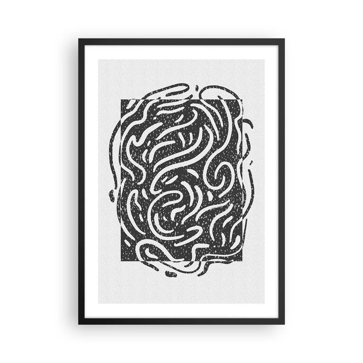 Poster in einem schwarzem Rahmen - Abstrakte Komposition mit dynamischen Linien und Formen in Schwarzweiß. - 50x70cm - Abstraktion: Freudentanz - Moderne Wanddekoration für Wohnzimmer und Schlafzimmer ARTTOR