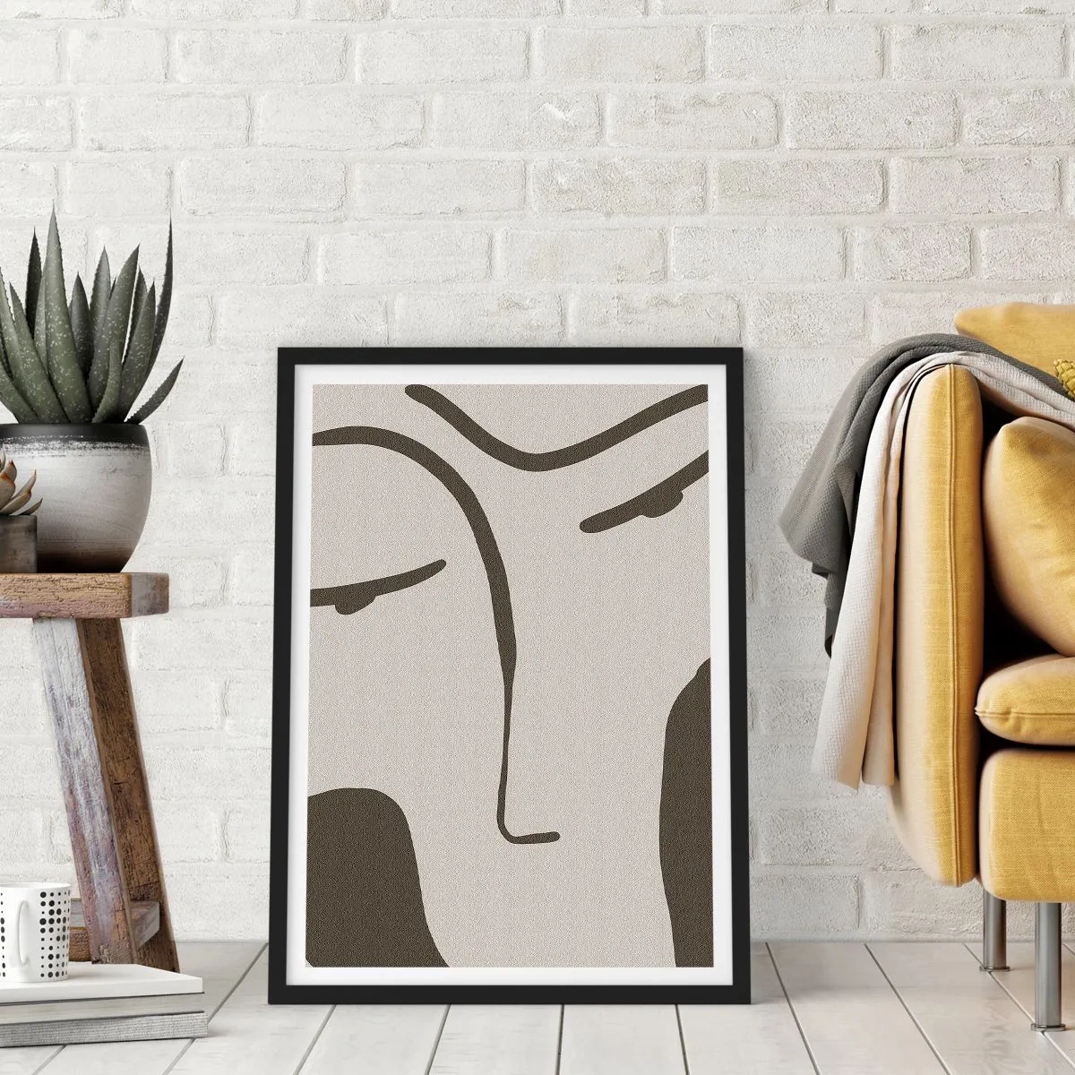 Poster in einem schwarzem Rahmen - Minimalistisches Gesichtsporträt - 50x70cm - Wie ein Modigliani-Gemälde - Moderne Wanddekoration für Wohnzimmer und Schlafzimmer ARTTOR