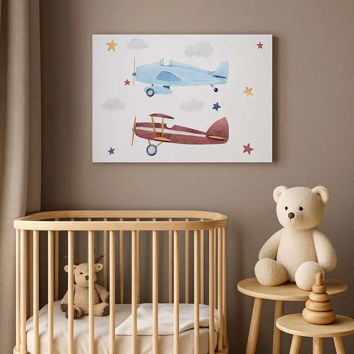 Bild auf Leinwand - Leinwandbild - Handbemalte Flugzeuge vor einem Hintergrund aus Wolken und Sternen - 70x50cm - Wir warten, Herr Pilot! - Moderne Wanddekoration für Wohnzimmer und Schlafzimmer ARTTOR