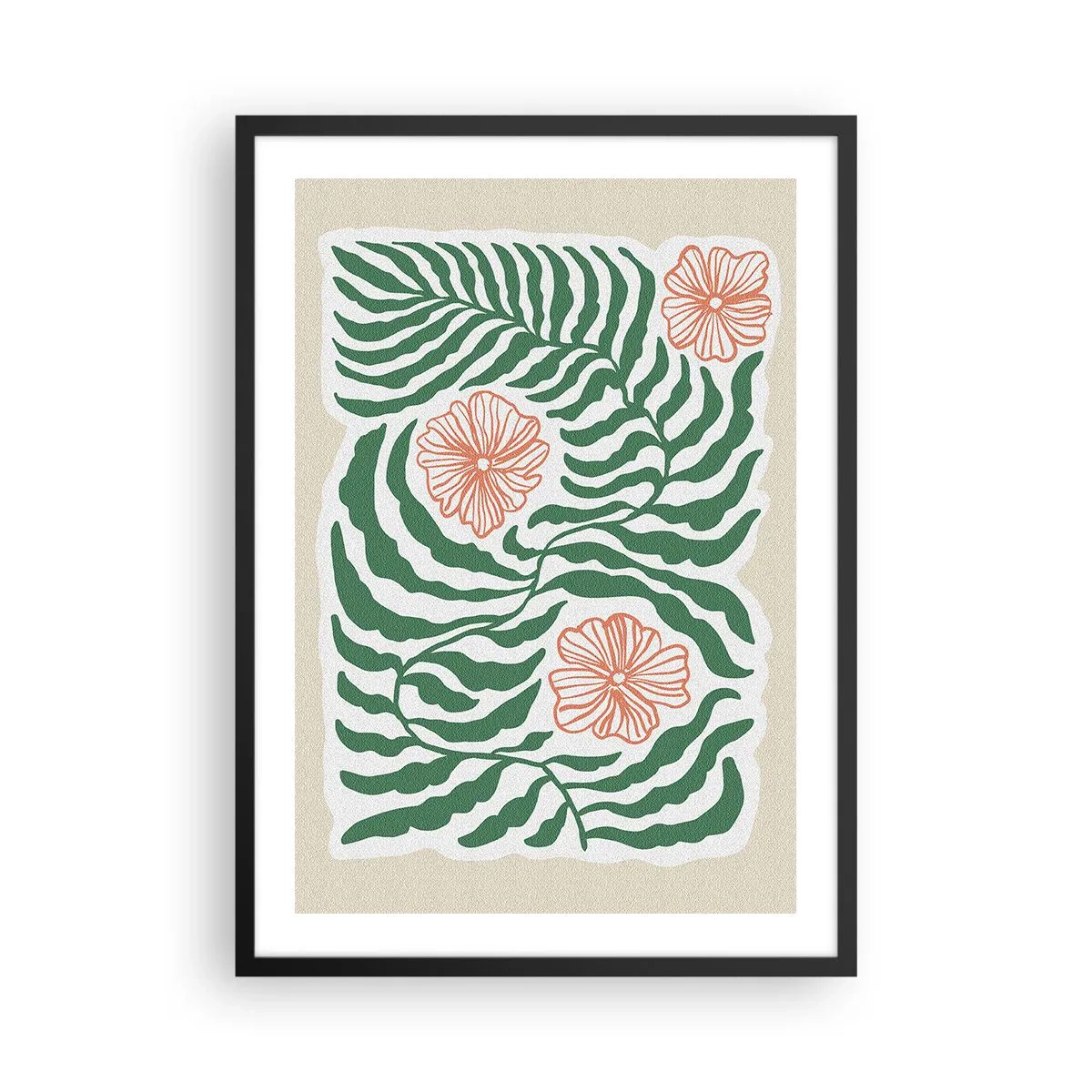 Poster in einem schwarzem Rahmen - Abstrakte Grafik aus Blättern und Blüten auf beigem Hintergrund - 50x70cm - Aufgeblüht in Grün - Moderne Wanddekoration für Wohnzimmer und Schlafzimmer ARTTOR