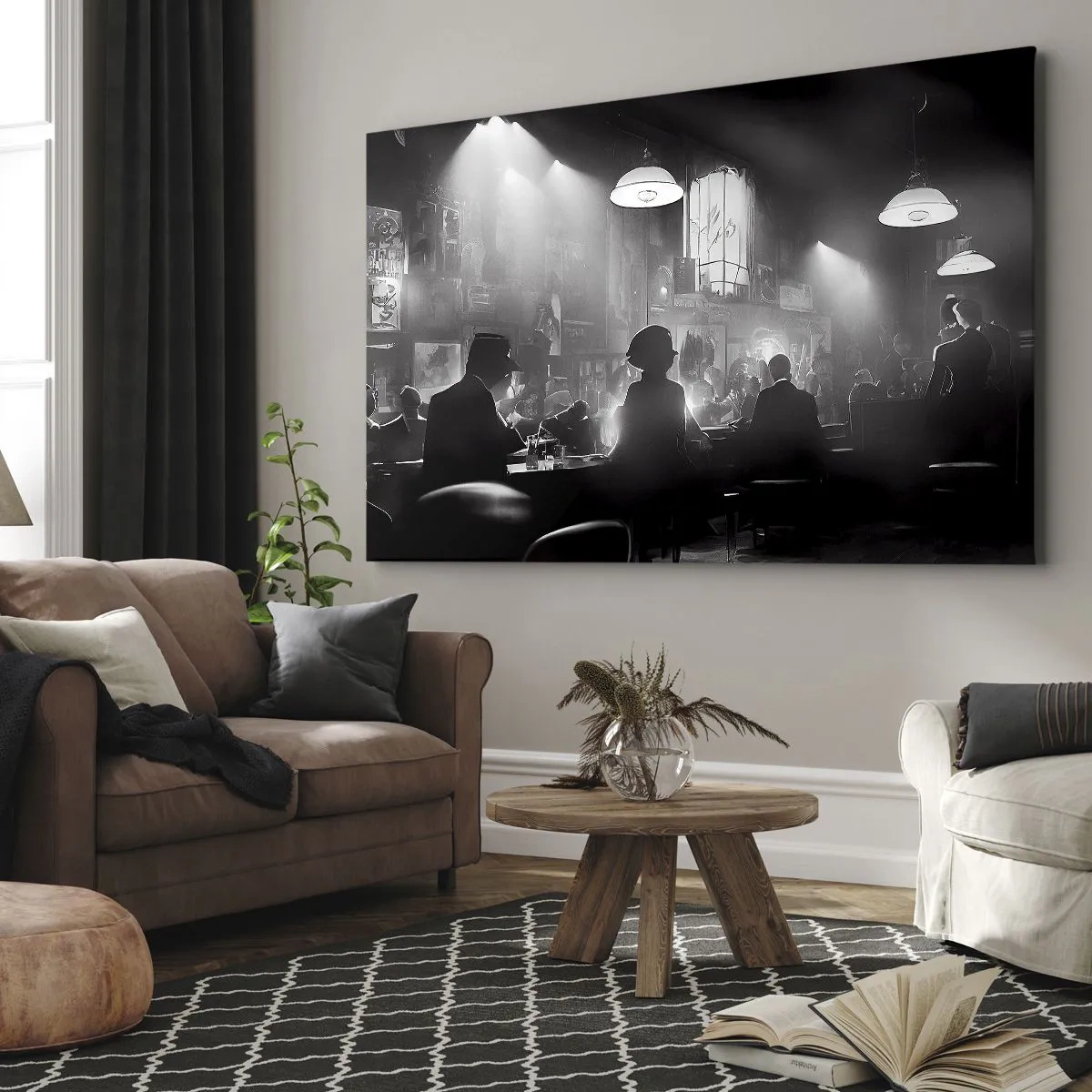 Bild auf Leinwand - Leinwandbild - Schwarz-weiße Jazz-Nachtclubszene - 70x50cm - In Jazz-Atmosphäre - Moderne Wanddekoration für Wohnzimmer und Schlafzimmer ARTTOR