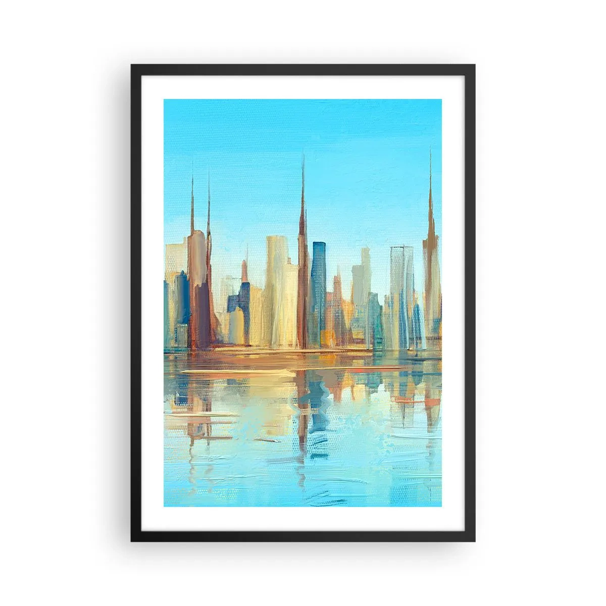 Poster in einem schwarzem Rahmen - Farbenfrohes Stadtpanorama mit Spiegelung im Wasser - 50x70cm - Sonnige Metropole - Moderne Wanddekoration für Wohnzimmer und Schlafzimmer ARTTOR