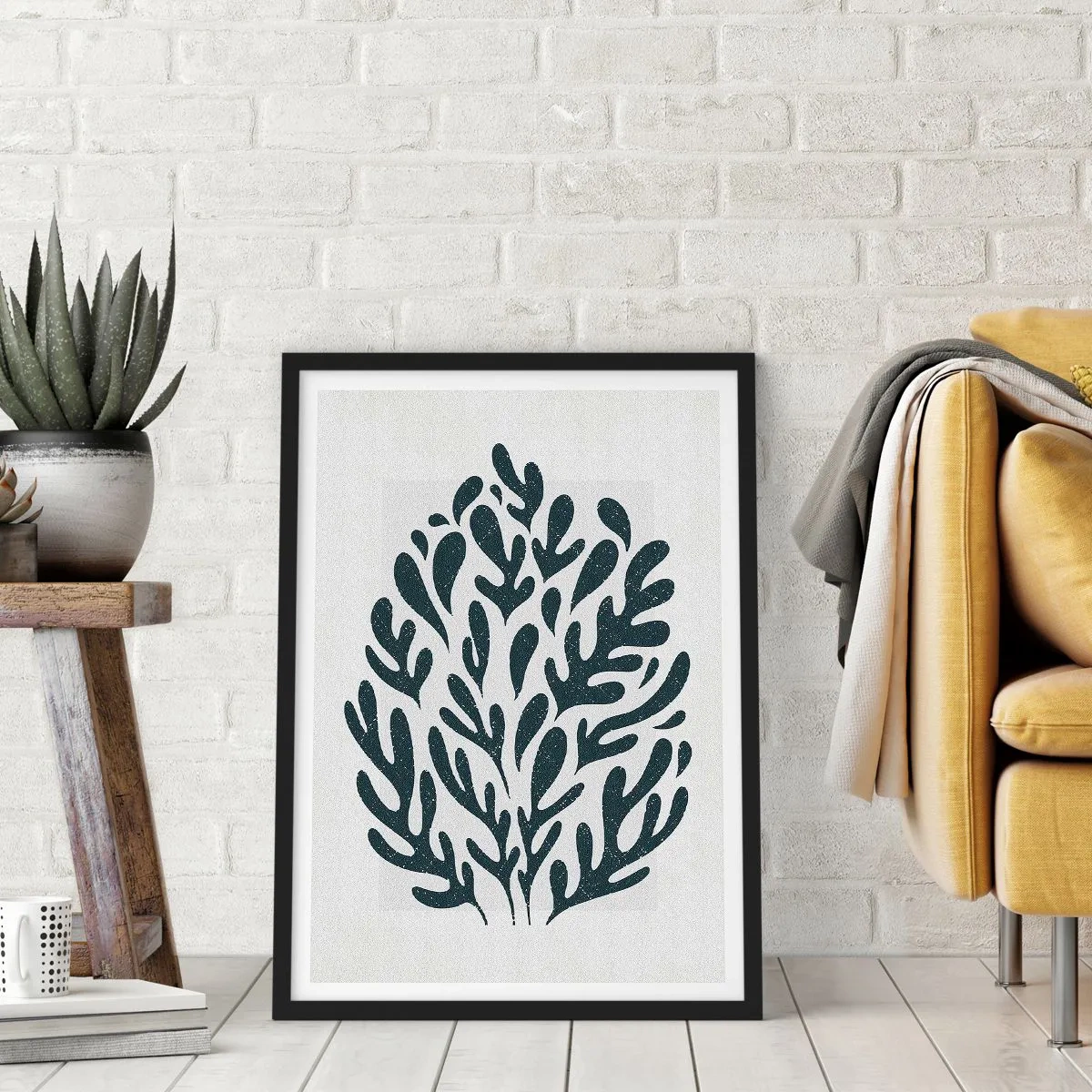 Poster in einem schwarzem Rahmen - Schwarze Pflanzenkomposition auf hellem Hintergrund - 50x70cm - Formen der Natur - Moderne Wanddekoration für Wohnzimmer und Schlafzimmer ARTTOR