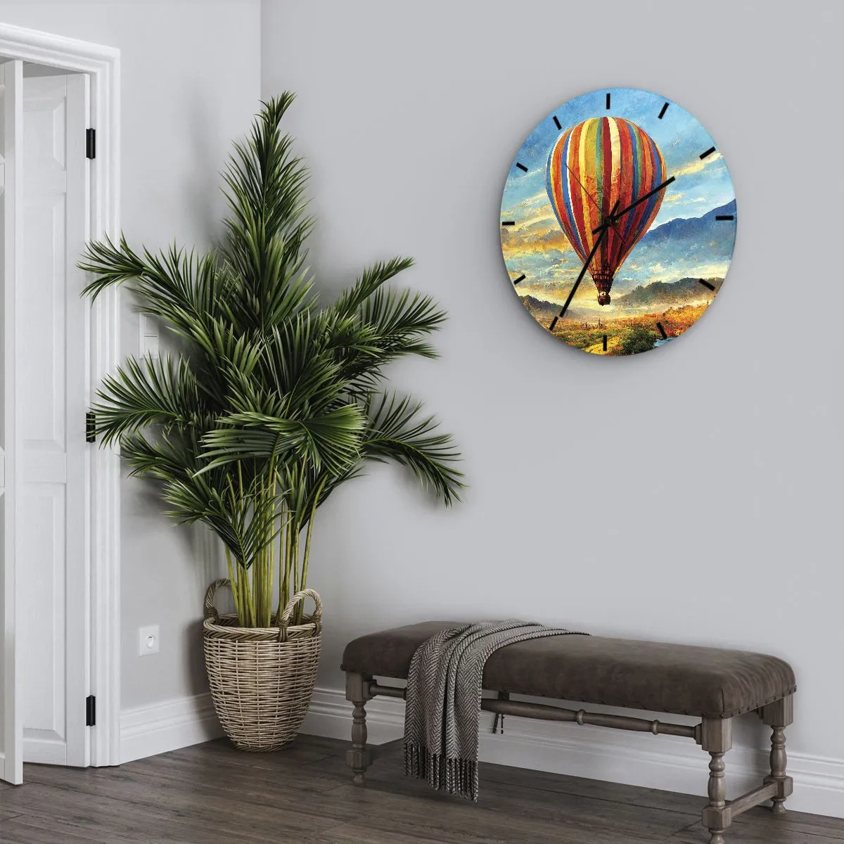 Wanduhr - Glasuhr - Ein bunter Ballon vor einer Berglandschaft bei Sonnenaufgang - 30x30cm - In der Stille sieht man mehr - Moderne Wanddekoration für Wohnzimmer, Küche und Schlafzimmer ARTTOR