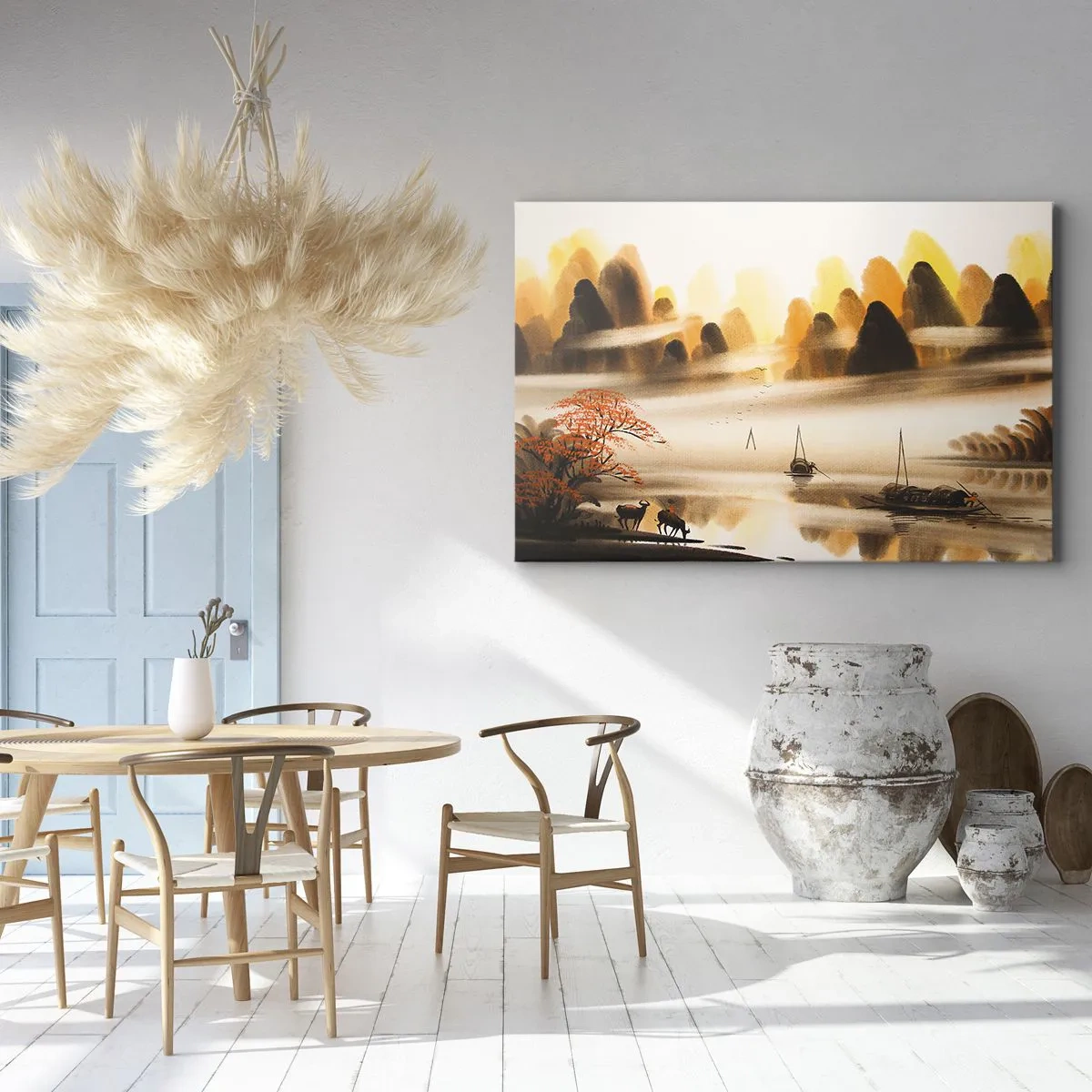 Bild auf Leinwand - Leinwandbild - Eine orientalische Landschaft mit Fluss, Bergen und sanftem Nebel. - 70x50cm - Weiter als im Fernosten - Moderne Wanddekoration für Wohnzimmer und Schlafzimmer ARTTOR